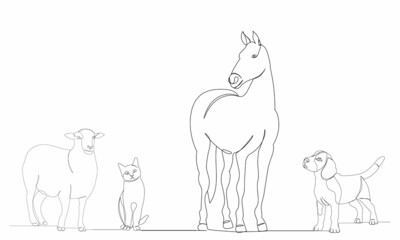 Fototapeta na wymiar single continuous line drawing pets horse, dog, cat, sheep