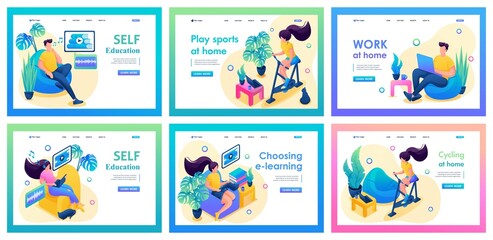 Collection of landing pages about self-isolation. A girl and a man work at home, chat, play sports. Isometric