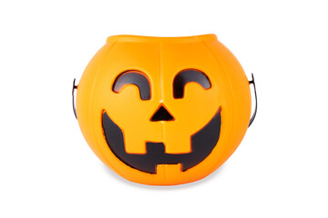 Orange plastic basket halloween pumpkin, isolated on white background