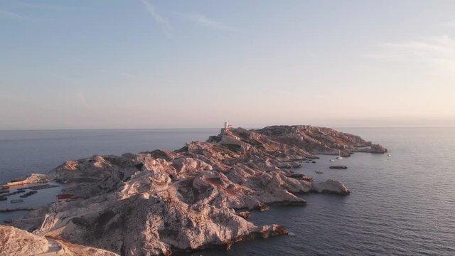Historical Landmarks On The Unspoilt Island Of Pomegues In Marseille, France. aerial descend