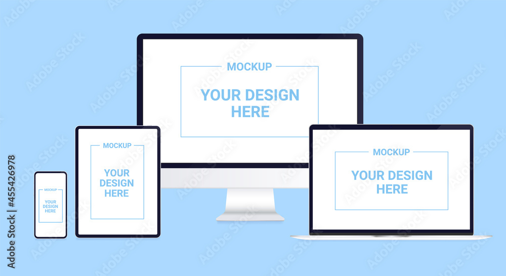Poster Devices mockup on blue background - Realistic vector set of computer, laptop, desktop, tablet and smartphone with blank screens.