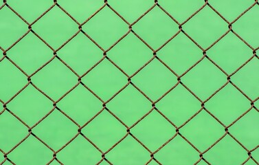 Fototapeta premium Rusty chain link fence on green blur background, shallow focus
