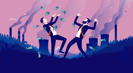 Fototapeta premium Making money from pollution - Corporate greedy businessmen celebrating earnings in polluted landscape. Corporate greed and evilness concept. Vector