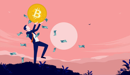 Rich Bitcoin investor - Male person standing on hilltop outdoors holding a bitcoin while money rains from the sky. Crypto currency investing and trading concept. Vector illustration.