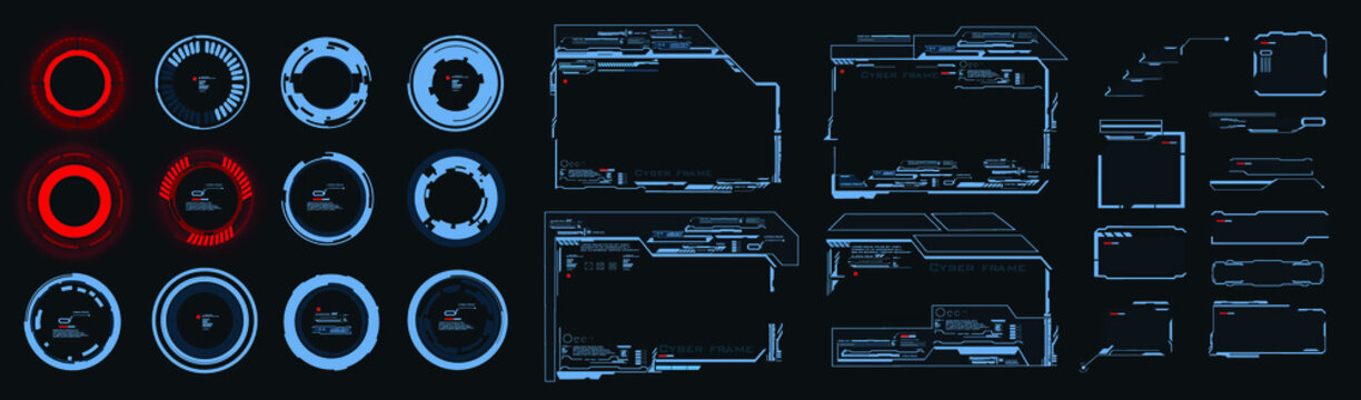 Set futuristic elements for HUD user interface. Holographic neon frames. Concept design of holographic monitor with description and HUD data for personal computer and video games