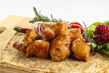 Chicken breast kebab shashlik served salad