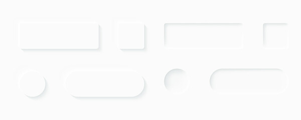 Vector modern neomorphic buttons set. White minimal buttons in neomorphism soft 3D style.