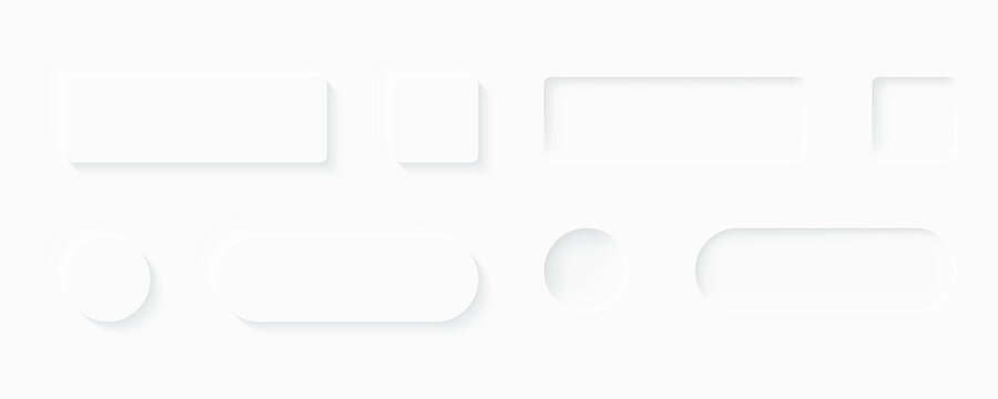 Vector modern neomorphic buttons set. White minimal buttons in neomorphism soft 3D style.