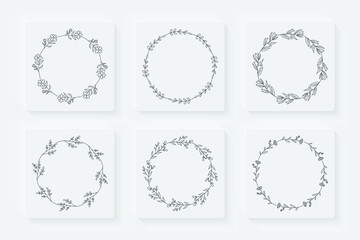 Wedding invitation floral frames set. Set of 6 hand drawn decorative floral wreaths. Vector circular wreaths and leaves compositions