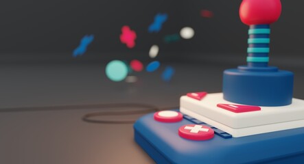 Cartoon 3D Illustration of a colorful joystick for playing video games with a dark background