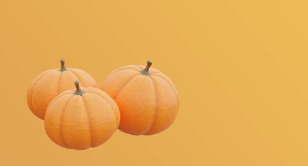 3D Illustration of three orange pumpkins on orange background wth copy space