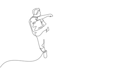 Animation of one line drawing of young football player practice kicking the ball while jumping at the field stadium. Soccer match sports concept. Continuous line self draw animated. Full length motion