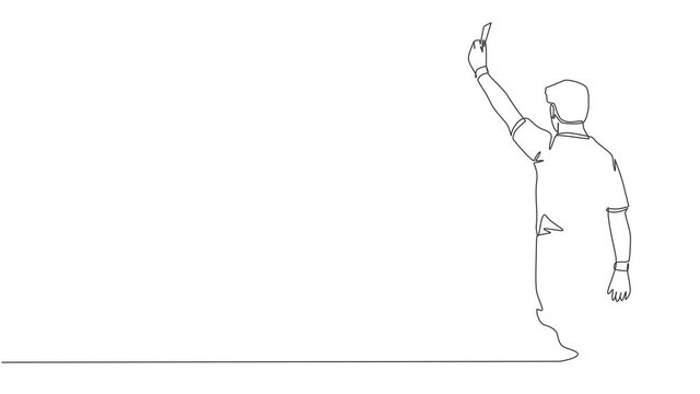 Animation of one single line drawing of young referee booked a player yellow card for the foul at the match. Soccer sports concept. Continuous line self draw animated illustration. Full length motion.