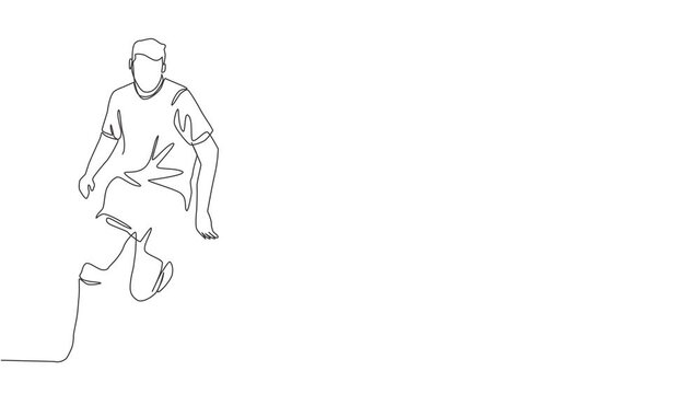 Animation of one single line drawing of young football playmaker dribbling a ball so calm at the match. Soccer match sports concept. Continuous line self draw animated illustration. Full length motion