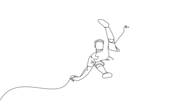 Animated self drawing of single continuous line draw young talented football player shooting the ball with bicycle kick technique. Soccer match sports concept. Full length one line animation.