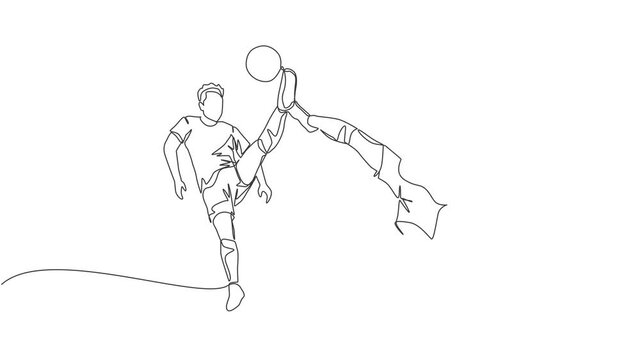 Animated self drawing of single continuous line draw two young energetic opposite football players kick the ball together to get the ball. Soccer match sports concept. Full length one line animation.