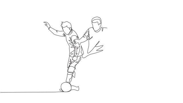 Animated self drawing of single continuous line draw young energetic football player fighting for the ball at the competition game. Soccer match sports concept. Full length one line animation.