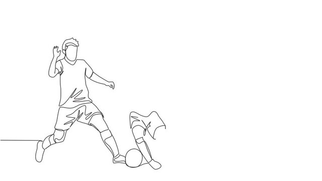 Animated self drawing of continuous line draw energetic football player doing ball clearance to keep his area safe from opponent attack. Soccer match sports concept. Full length single line animation.