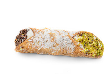 Cannoli Isolated. Traditional homemade Sicilian  dessert Canolli with cream cheese Top view.
