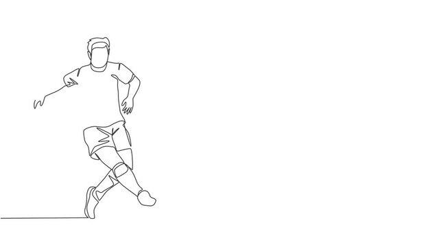 Animated self drawing of one continuous line draw young energetic football player controlling and dribbling the ball at the game. Soccer match sports concept. Full length single line animation.