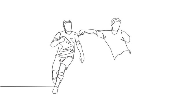 Animated self drawing of one continuous line draw young energetic striker kicking the ball but the defender try to block the shoot. Soccer match sports concept. Full length single line animation.
