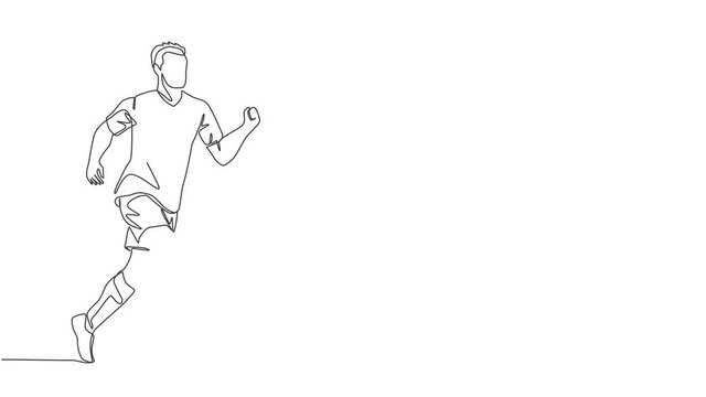 Animated self drawing of one continuous line draw young energetic football player dribbling and controlling the ball at the game. Soccer match sports concept. Full length single line animation.