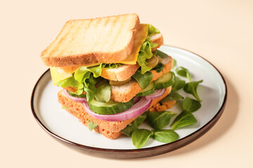 Plate with tasty sandwich on color background, closeup