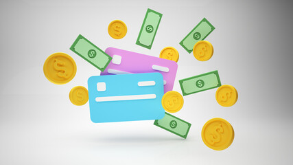 Dollar banknotes and coins, money 3d illustration