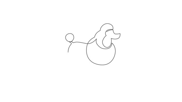 Animated self drawing of single continuous line draw simple cute poodle puppy dog icon. Pet animal logo emblem vector concept. Full length one line animation illustration.