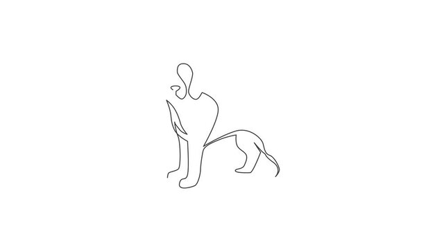 Animated self drawing of one continuous line draw simple cute beagle puppy dog icon. Mammals animal logo emblem vector concept. Full length single line animation illustration.