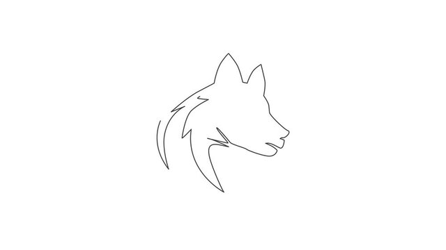 Animated self drawing of one continuous line draw simple cute siberian husky puppy dog head icon. Mammals animal logo emblem vector concept. Full length single line animation illustration.