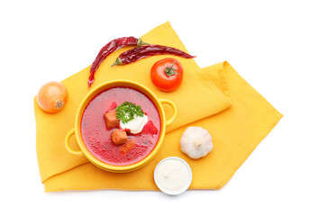 Composition with tasty borscht on white background