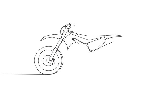 Animation of one single line drawing of tough trail motocross logo. Off road motorcycle concept. Continuous line self draw animated illustration. Full length motion.