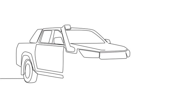 Animation of one line drawing of 4x4 wheel drive tough pickup truck car. Sporty vehicle transportation concept. Single continuous line self draw animated illustration. Full length motion.