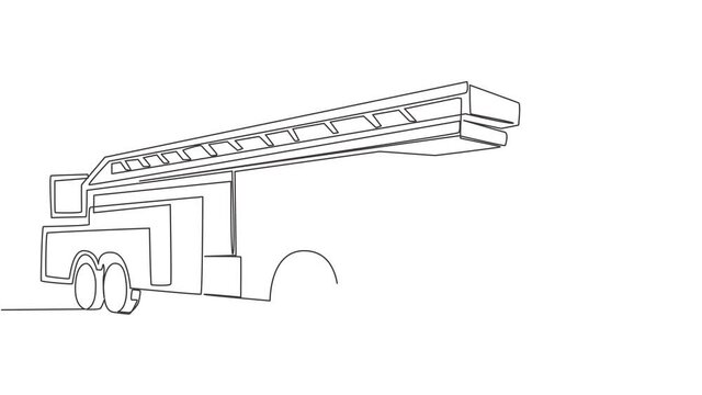 Animation of one line drawing of fire truck with hose and ladder. Public safety service vehicle transportation concept. Single continuous line self draw animated illustration. Full length motion.