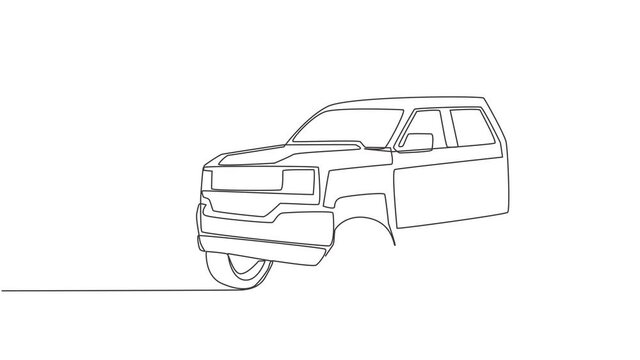 Self drawing animation of single line draw tough pickup truck car. Cargo logistics carrier vehicle transportation concept. One continuous line draw. Full length animated illustration.