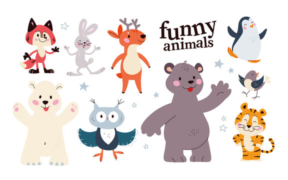 Set of cute animal characters fox, polar bear, penguin, deer, owl isolated. Vector flat cartoon illustration. Scandinavian style. For children cards, patterns, banners, prints, packaging.