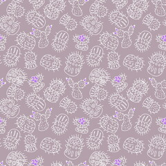 Seamless pattern of white outlines of cacti with bright flowers. Perfect for fabric, scrapbooking, textile and prints. Doodle style illustration for decor and design.