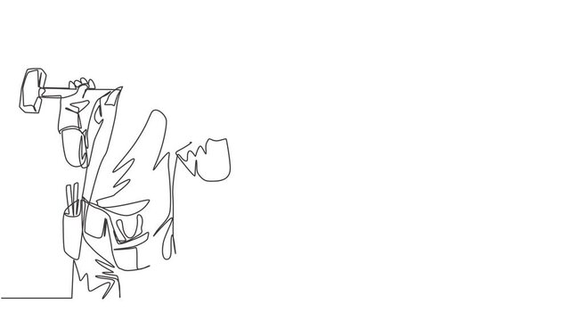Animation of one line drawing of construction builder wearing uniform, tools belt while holding hammer. Craftsman home repair service concept. Continuous line self draw animated. Full length motion.