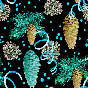 Spruce Branches With Cones And Ticker Tape On Black Background Seamless Pattern For All Prints.