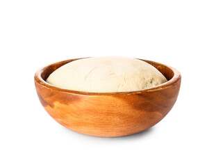 Bowl with fresh dough on white background