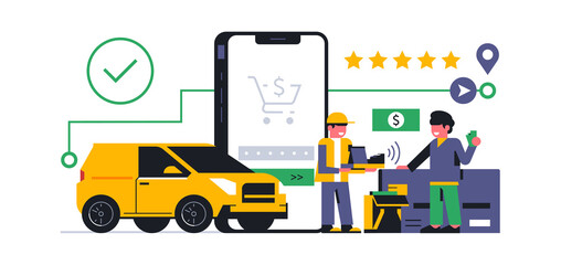 Online food delivery service to your home. Contactless payment for food delivery through the terminal. Feedback to the courier is five stars. Phone, car, app, bank card, cash. Vector illustration.