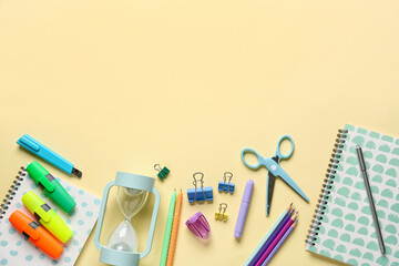 Stationery supplies on color background