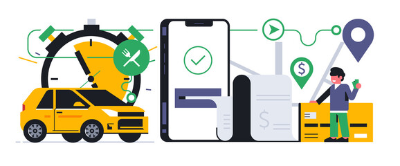 Online food delivery service to your home. Online payment for food delivery through a mobile application. Payment check, bank card, phone, app, car, stopwatch, route, map, man. Vector illustration.