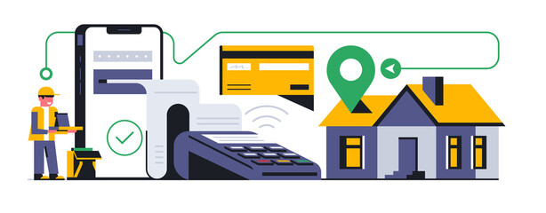 Online food delivery service to your home. Online payment for food delivery through a mobile application. Payment check, bank card, phone, app, courier, route, house. Vector illustration.