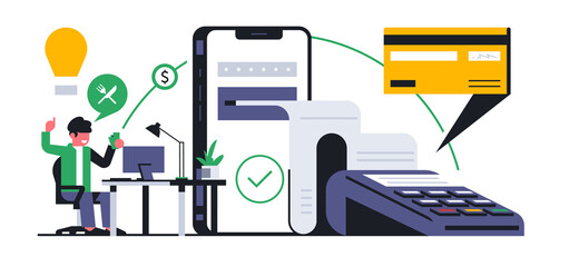 Online food delivery service to your home. Online payment for food delivery through a mobile application from the office. Pay, terminal, check, bank card, phone, app, lunch, break.Vector illustration