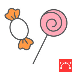 Candy and lollipop color line icon, holiday and dessert, candies vector icon, vector graphics, editable stroke filled outline sign, eps 10.
