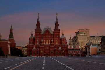 Sunset sky scene at State Historical Museum on Red Square in Moscow, Russia