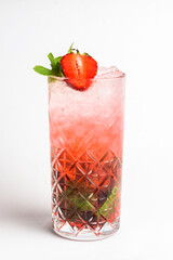 Strawberry mojito isolated on white background. Summer menu, cold refreshing beverage for hot weather.