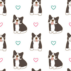 Seamless Pattern with Cartoon French Bulldog and Heart Design on White Background